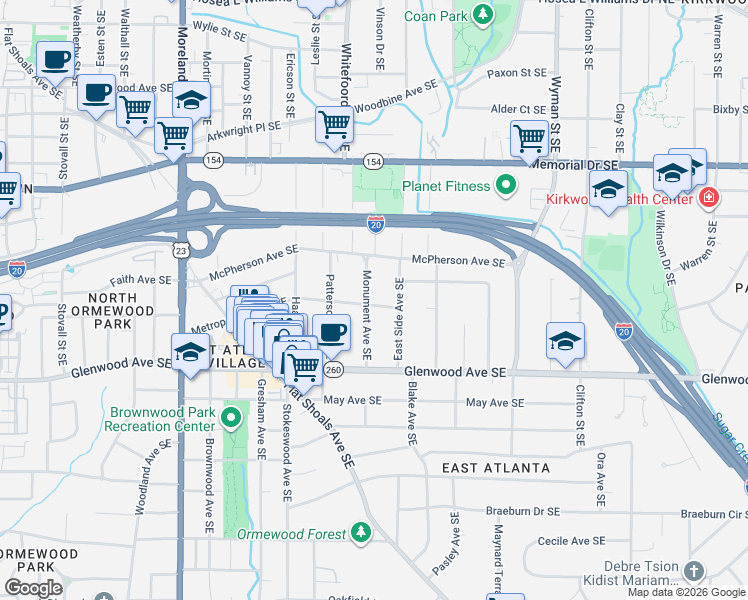 map of restaurants, bars, coffee shops, grocery stores, and more near 1438 Metropolitan Avenue Southeast in Atlanta