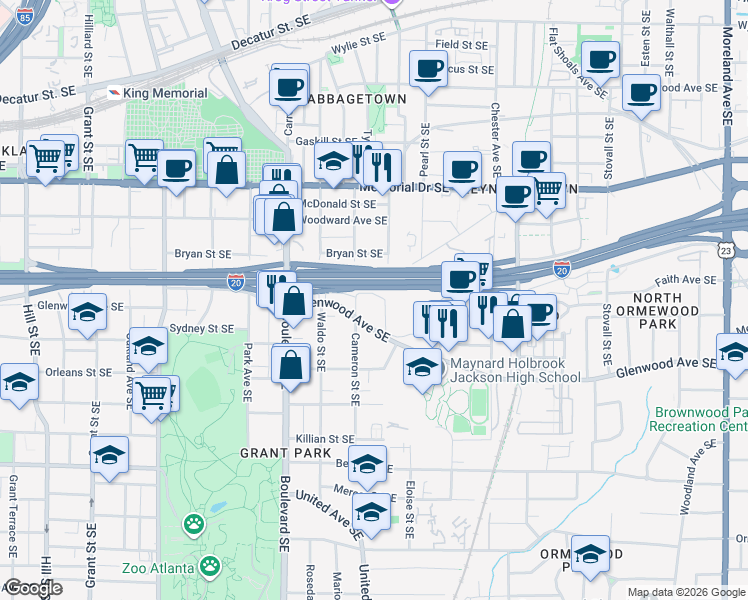 map of restaurants, bars, coffee shops, grocery stores, and more near 711 Kalb Street Southeast in Atlanta