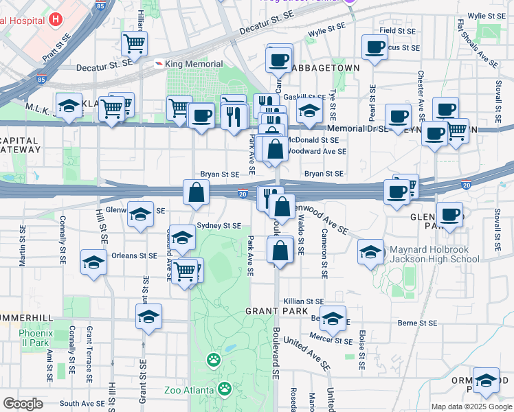 map of restaurants, bars, coffee shops, grocery stores, and more near 438 Park Avenue Southeast in Atlanta
