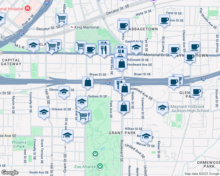 map of restaurants, bars, coffee shops, grocery stores, and more near 505 Glenwood Avenue Southeast in Atlanta