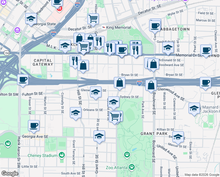map of restaurants, bars, coffee shops, grocery stores, and more near 442 Oakland Avenue Southeast in Atlanta