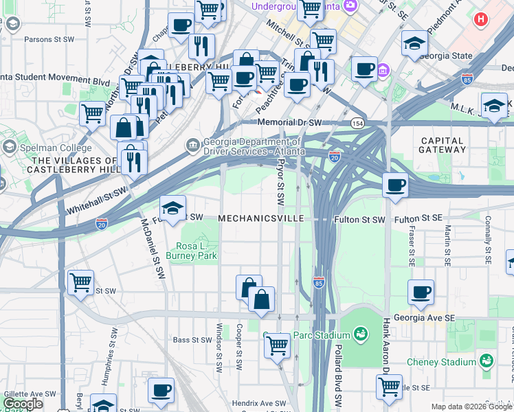 map of restaurants, bars, coffee shops, grocery stores, and more near 453 Formwalt Street Southwest in Atlanta
