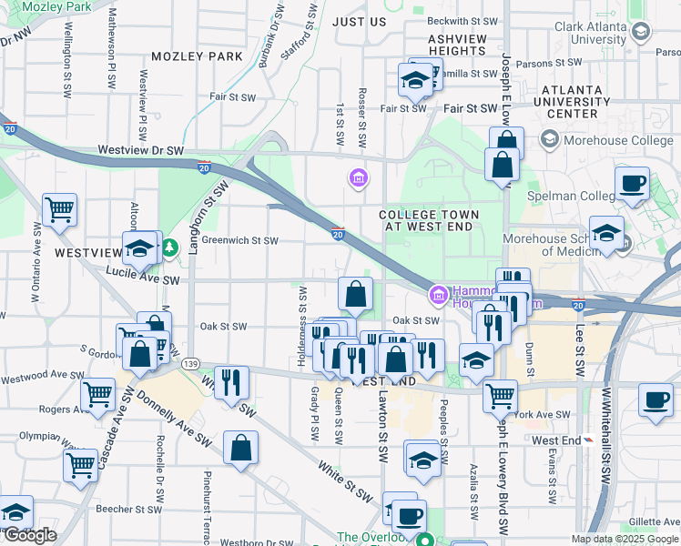 map of restaurants, bars, coffee shops, grocery stores, and more near 1165 Lucile Avenue Southwest in Atlanta