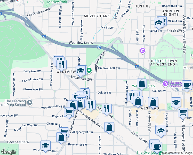 map of restaurants, bars, coffee shops, grocery stores, and more near 1351 Lucile Avenue Southwest in Atlanta