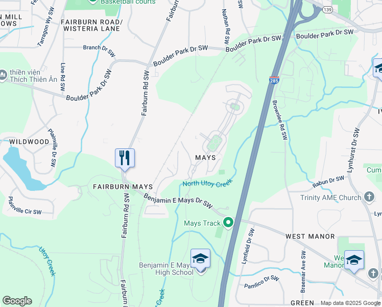 map of restaurants, bars, coffee shops, grocery stores, and more near 623 Lofty Lane in Atlanta
