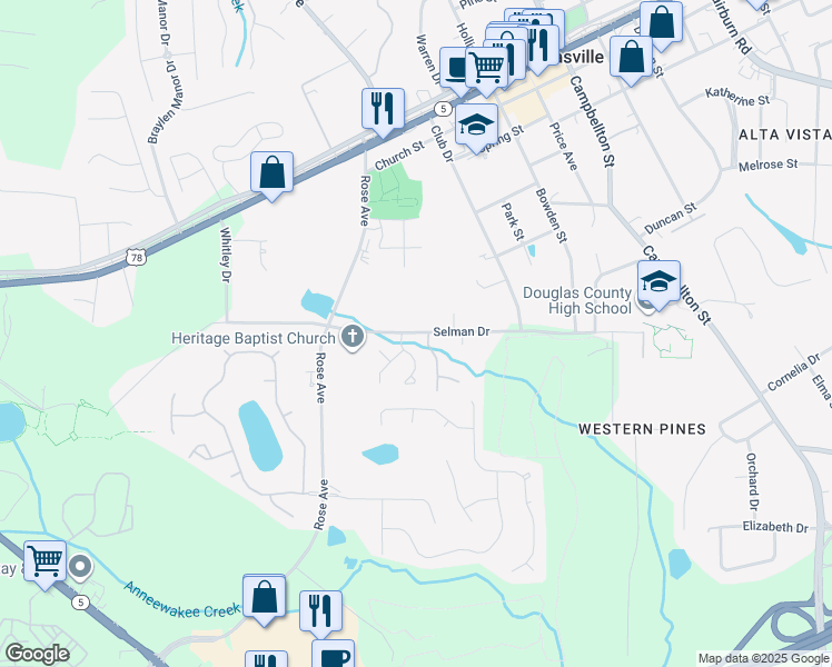 map of restaurants, bars, coffee shops, grocery stores, and more near 8800 Countryside Way in Douglasville