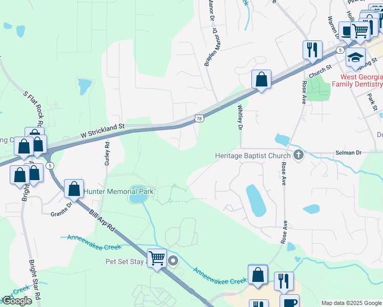 map of restaurants, bars, coffee shops, grocery stores, and more near 12755 Veterans Memorial Highway in Douglasville