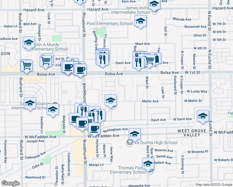map of restaurants, bars, coffee shops, grocery stores, and more near 15171 Leeds Circle in Westminster