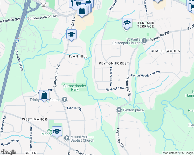 map of restaurants, bars, coffee shops, grocery stores, and more near 490 Fielding Lane Southwest in Atlanta