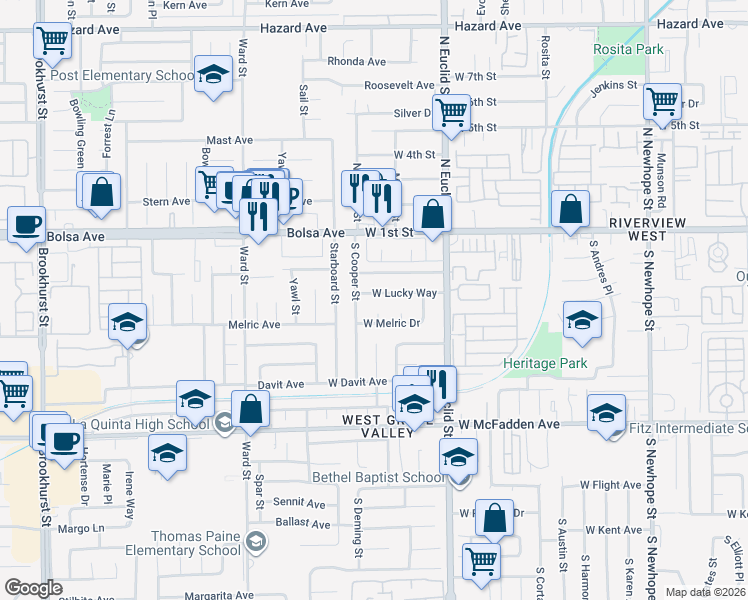 map of restaurants, bars, coffee shops, grocery stores, and more near 5418 West Lucky Way in Santa Ana