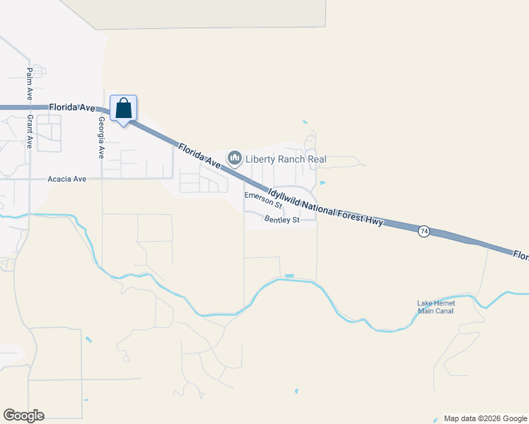 map of restaurants, bars, coffee shops, grocery stores, and more near 45826 Bentley Street in Hemet
