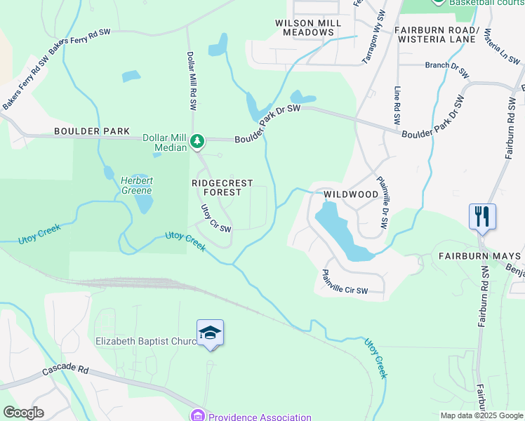 map of restaurants, bars, coffee shops, grocery stores, and more near 580 Utoy Circle Southwest in Atlanta