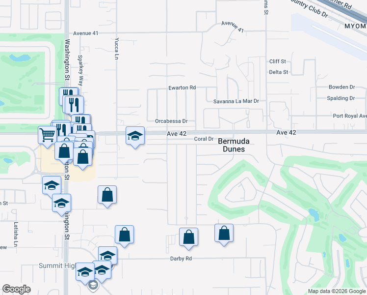 map of restaurants, bars, coffee shops, grocery stores, and more near 42111 Sandy Bay Road in Bermuda Dunes
