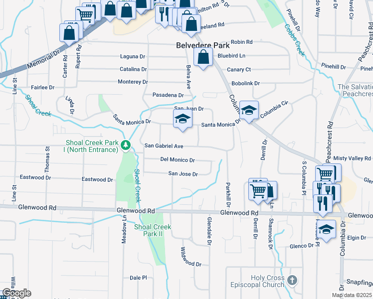 map of restaurants, bars, coffee shops, grocery stores, and more near 1785 San Gabriel Avenue in Decatur