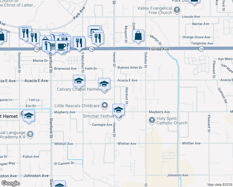 map of restaurants, bars, coffee shops, grocery stores, and more near 26110 Hemet Street in Hemet
