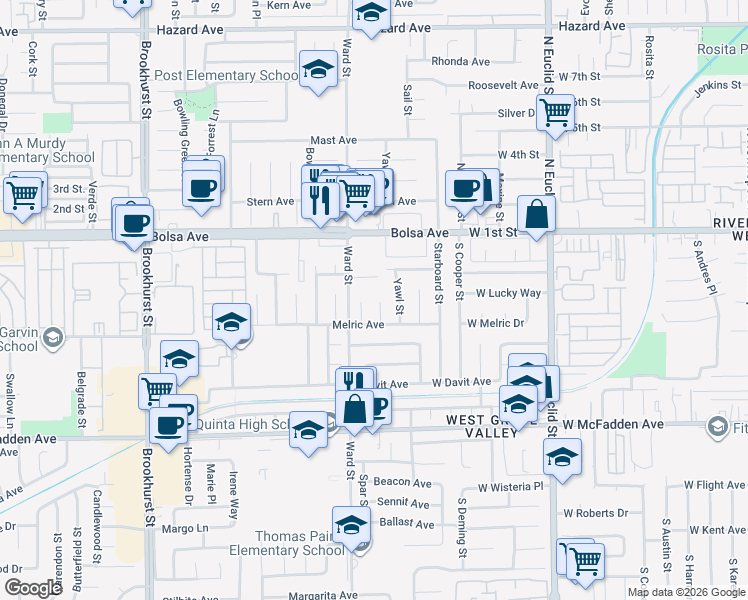 map of restaurants, bars, coffee shops, grocery stores, and more near 15161 Reeve Street in Garden Grove