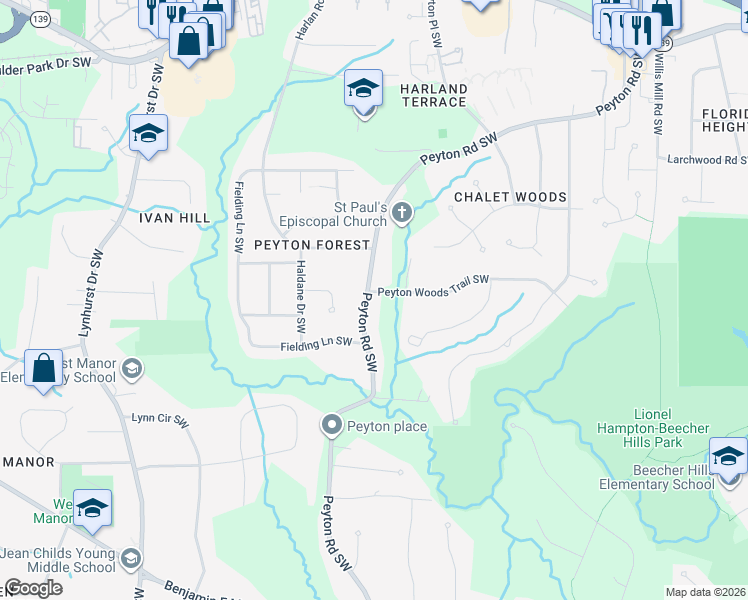 map of restaurants, bars, coffee shops, grocery stores, and more near 474 Peyton Road Southwest in Atlanta