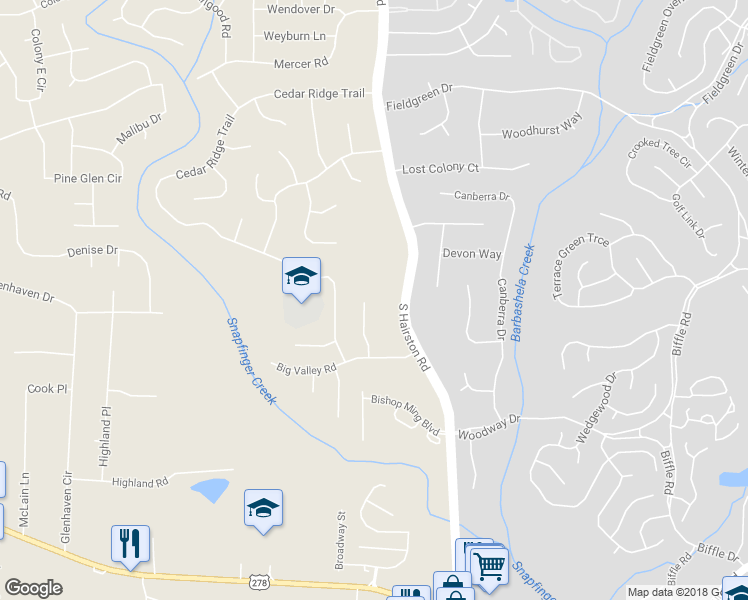 map of restaurants, bars, coffee shops, grocery stores, and more near 4083 Big Valley Trail in Stone Mountain