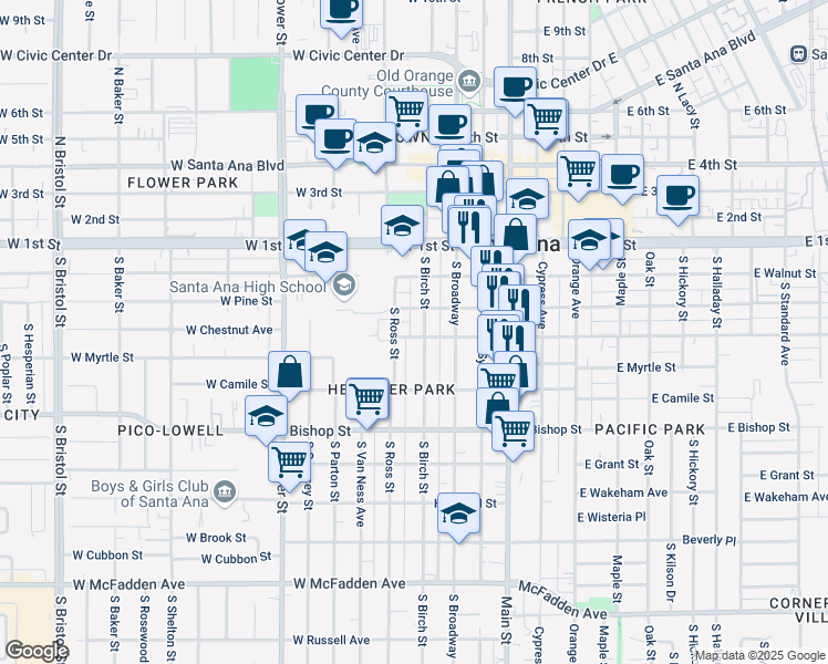 map of restaurants, bars, coffee shops, grocery stores, and more near 407 West Chestnut Avenue in Santa Ana