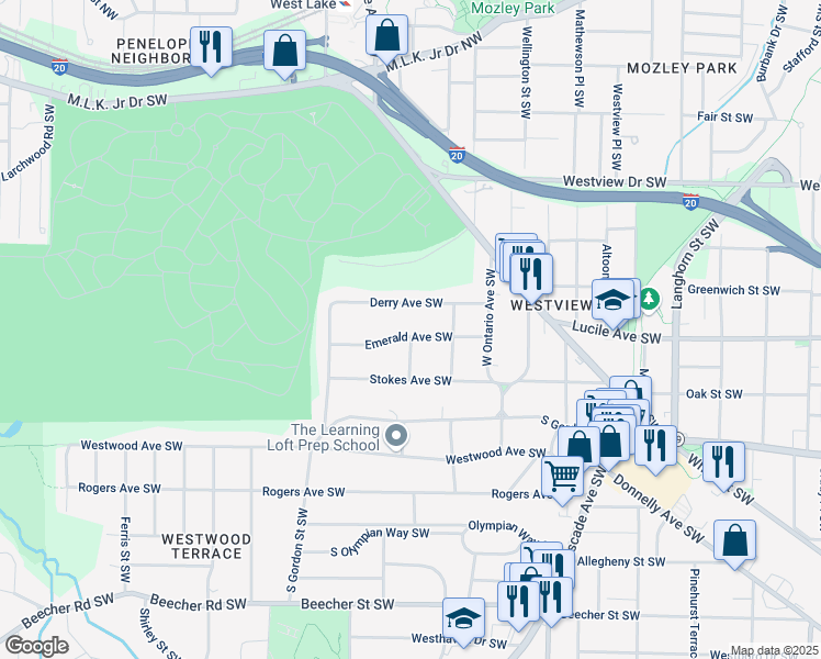 map of restaurants, bars, coffee shops, grocery stores, and more near 1679 Emerald Avenue Southwest in Atlanta