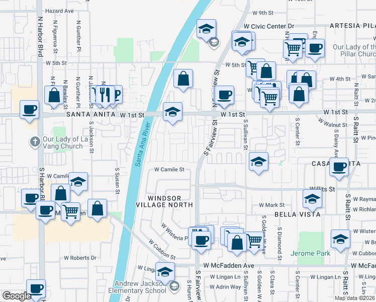 map of restaurants, bars, coffee shops, grocery stores, and more near 213 Cologne Drive in Santa Ana