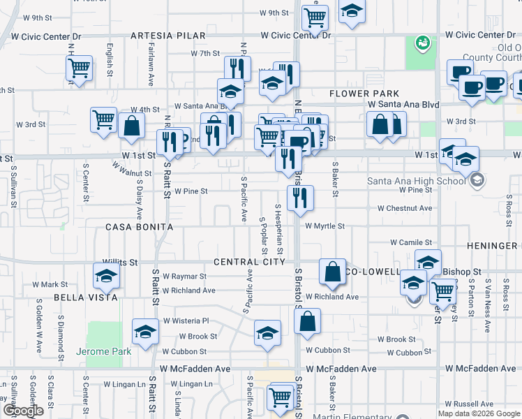 map of restaurants, bars, coffee shops, grocery stores, and more near 413 South Poplar Street in Santa Ana