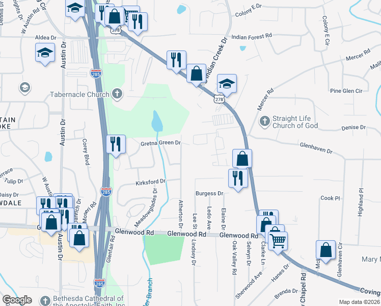 map of restaurants, bars, coffee shops, grocery stores, and more near 1674 Atherton Drive in Decatur