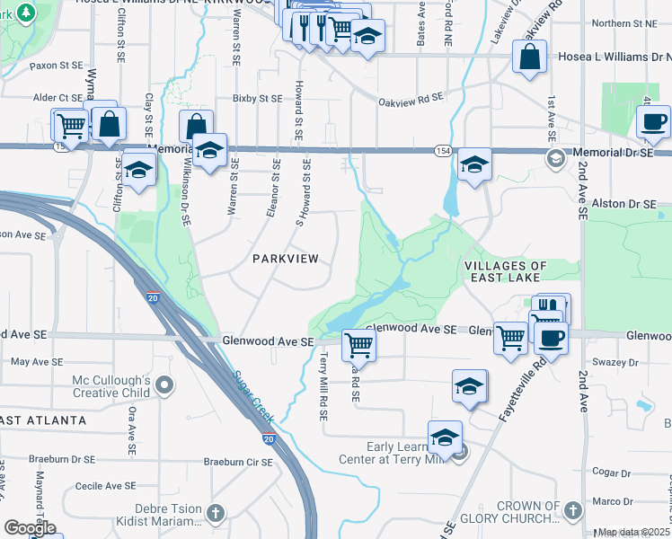 map of restaurants, bars, coffee shops, grocery stores, and more near 1718 Fairway Hill Drive Southeast in Atlanta