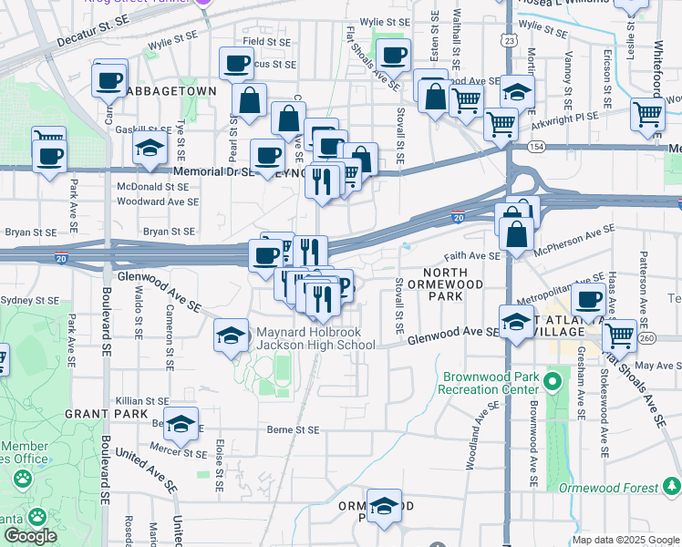 map of restaurants, bars, coffee shops, grocery stores, and more near 920 Glenwood Park Drive Southeast in Atlanta