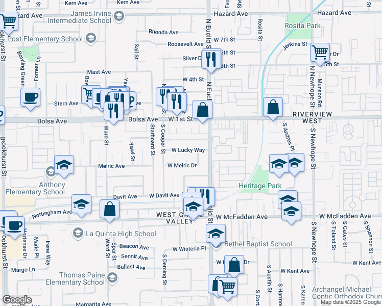 map of restaurants, bars, coffee shops, grocery stores, and more near 5314 West Lucky Way in Santa Ana