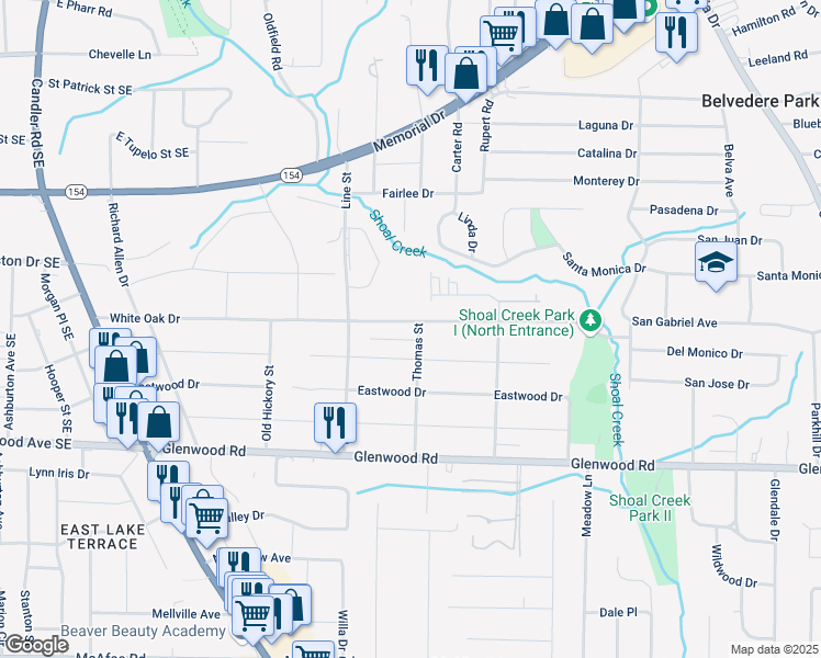 map of restaurants, bars, coffee shops, grocery stores, and more near 1697 Thomas Street in Decatur