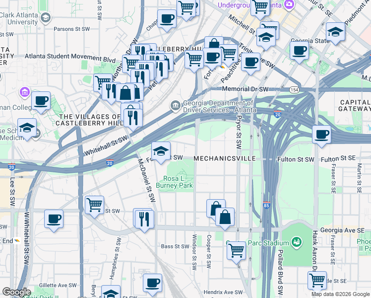 map of restaurants, bars, coffee shops, grocery stores, and more near 330 Eugenia Street Southwest in Atlanta