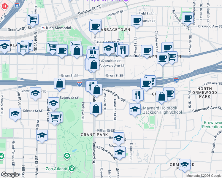 map of restaurants, bars, coffee shops, grocery stores, and more near 662 Glenwood Avenue Southeast in Atlanta