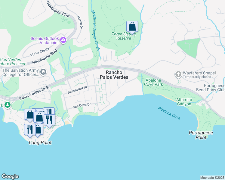 map of restaurants, bars, coffee shops, grocery stores, and more near 28 Packet Road in Rancho Palos Verdes