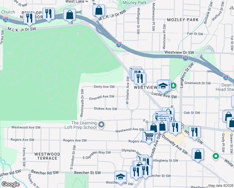 map of restaurants, bars, coffee shops, grocery stores, and more near 1637 Emerald Avenue Southwest in Atlanta