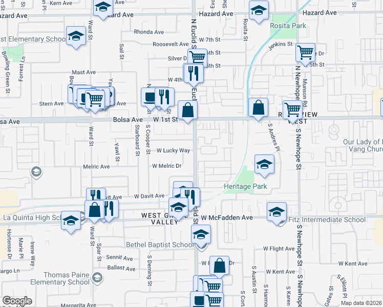 map of restaurants, bars, coffee shops, grocery stores, and more near 5202 West Lucky Way in Santa Ana
