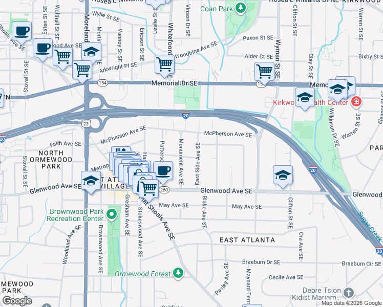 map of restaurants, bars, coffee shops, grocery stores, and more near 1438 Metropolitan Avenue Southeast in Atlanta