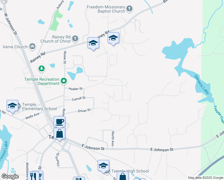 map of restaurants, bars, coffee shops, grocery stores, and more near 206 Bucks Trail in Temple