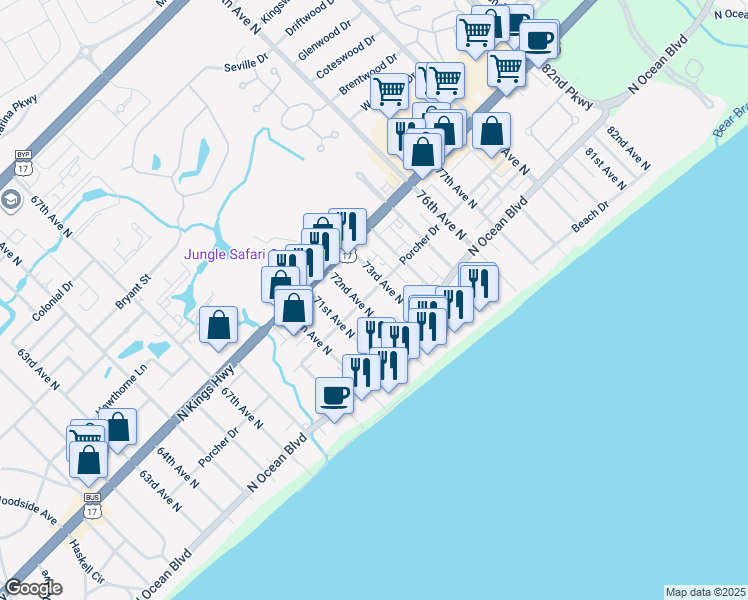 map of restaurants, bars, coffee shops, grocery stores, and more near 7200 Porcher Drive in Myrtle Beach