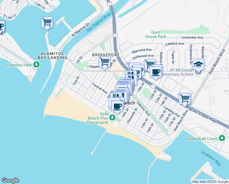 map of restaurants, bars, coffee shops, grocery stores, and more near 209 1/2 Main Street in Seal Beach