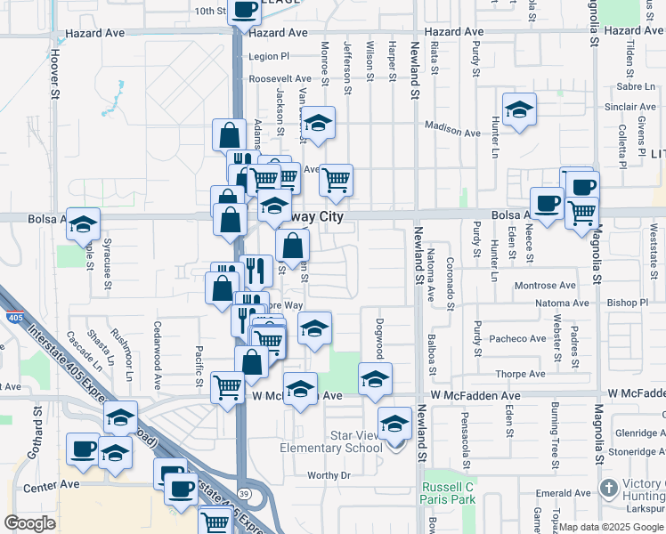 map of restaurants, bars, coffee shops, grocery stores, and more near 8200 Bolsa Avenue in Midway City