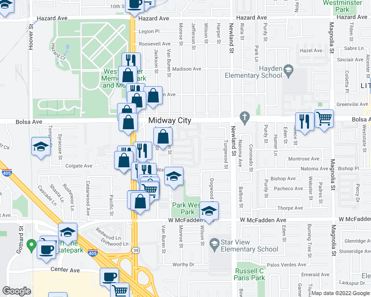 map of restaurants, bars, coffee shops, grocery stores, and more near 8200 Bolsa Avenue in Midway City