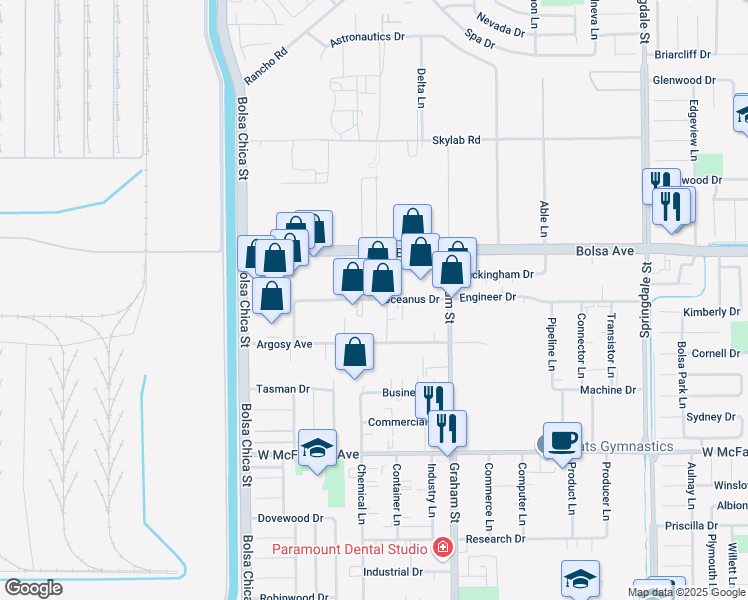 map of restaurants, bars, coffee shops, grocery stores, and more near Ocean Vista Drive in Huntington Beach