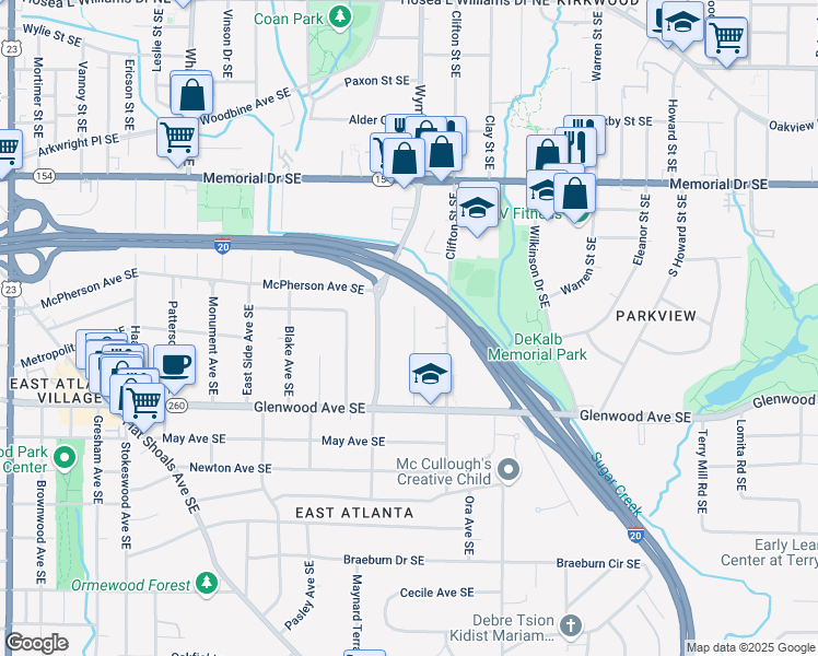 map of restaurants, bars, coffee shops, grocery stores, and more near 411 Greencove Lane Southeast in Atlanta