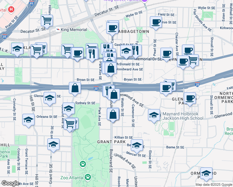 map of restaurants, bars, coffee shops, grocery stores, and more near 614 Glenwood Avenue Southeast in Atlanta
