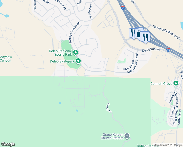 map of restaurants, bars, coffee shops, grocery stores, and more near 11388 Kingbird Drive in Corona