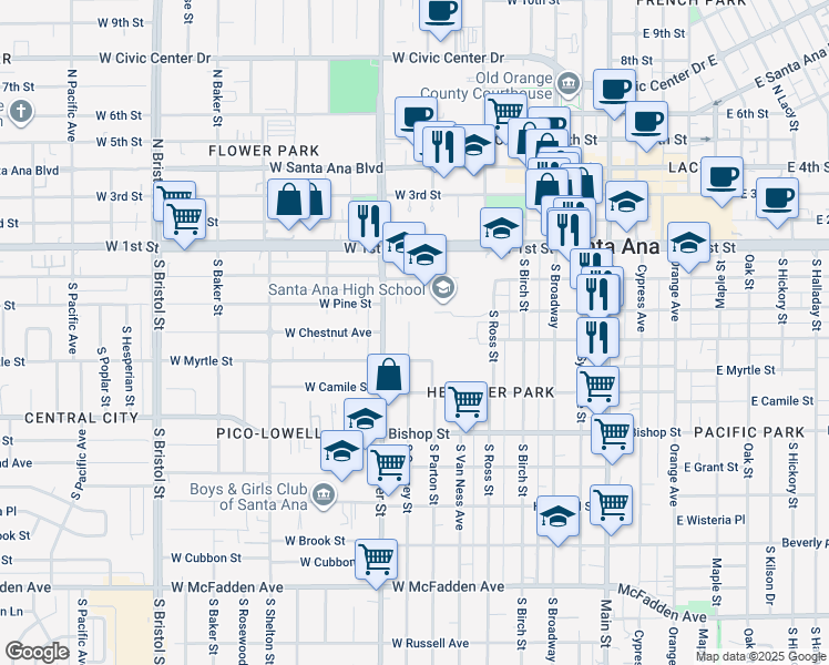 map of restaurants, bars, coffee shops, grocery stores, and more near 315 South Garnsey Street in Santa Ana