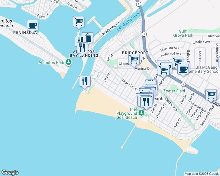 map of restaurants, bars, coffee shops, grocery stores, and more near 301 Ocean Avenue in Seal Beach