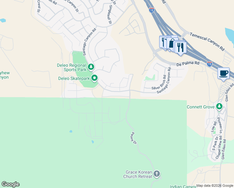 map of restaurants, bars, coffee shops, grocery stores, and more near 11436 Kingbird Drive in Corona