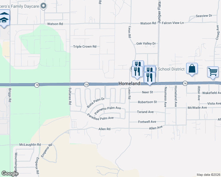 map of restaurants, bars, coffee shops, grocery stores, and more near 26047 Ivory Palm Drive in Homeland